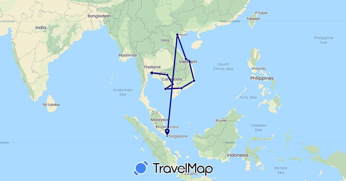 TravelMap itinerary: driving in Cambodia, Singapore, Thailand, Vietnam (Asia)